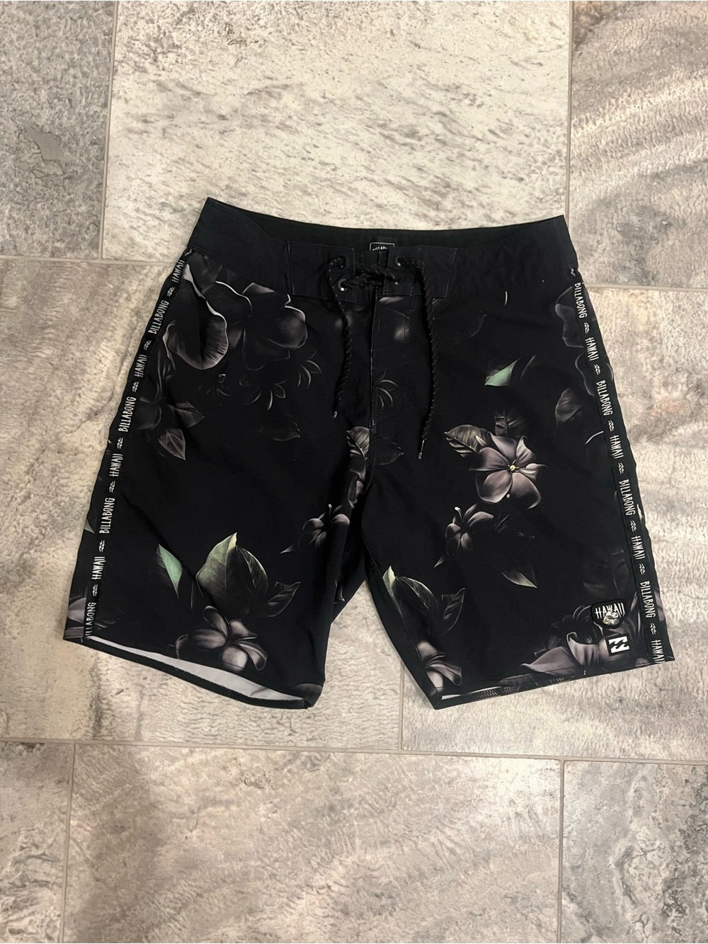 Billabong Kamea Lazarus Black Floral Swim Boardshorts with Subtle Green Leaves